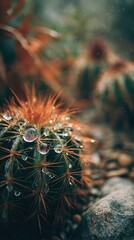 cactus with water droplets after rain, desert bokeh