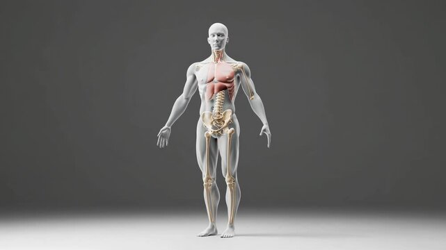 Realistic anatomical model of a human body showing the respiratory system, highlighting the lungs and rib cage expanding and contracting during inhalation and exhalation