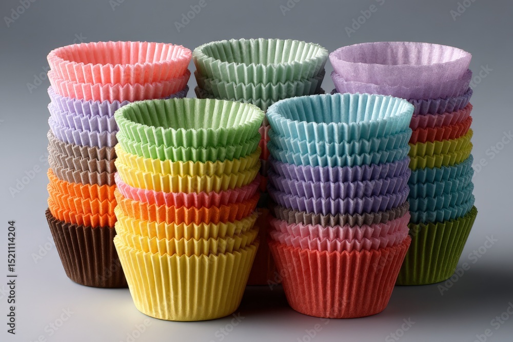 Poster colorful stack of cupcake liners in various shades arranged neatly on a neutral background