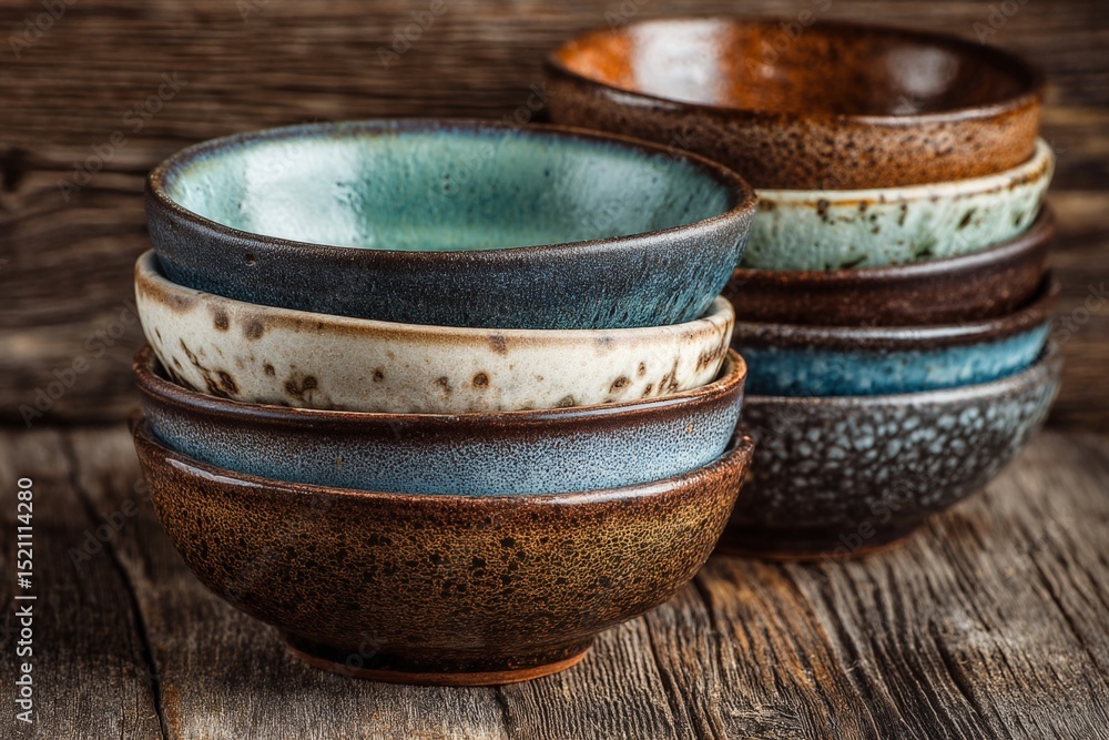 Poster ceramic bowls stacked on rustic wooden surface showcasing unique glazes and textures in a cozy setti