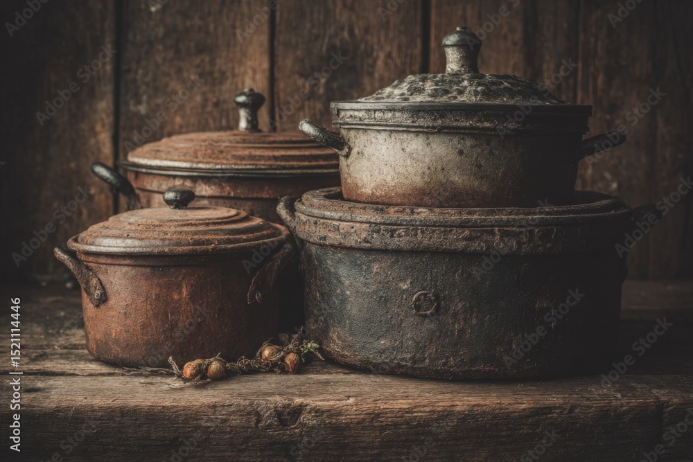 Aufkleber rustic cookware arrangement on a wooden table in a cozy kitchen setting