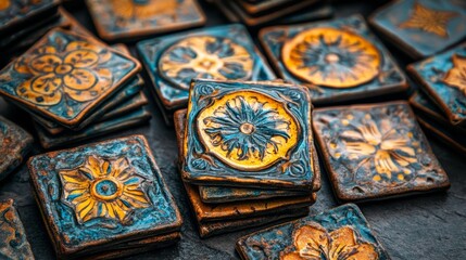 Close-up of traditional Spanish handcrafted ceramic tiles with vibrant blue yellow terracotta patterns for interior design and decor visuals