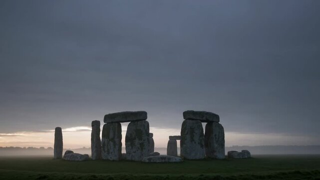 Sun rises behind stonehenge, the prehistoric monument in wiltshire, england, slowly revealing it from a blanket of fog covering the surrounding field