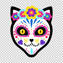 Cat face with a bright makeup of sugar skull and floral wreath. Cat head sugar skull isolated on transparent background. Day of the Dead. Dia de los Muertos