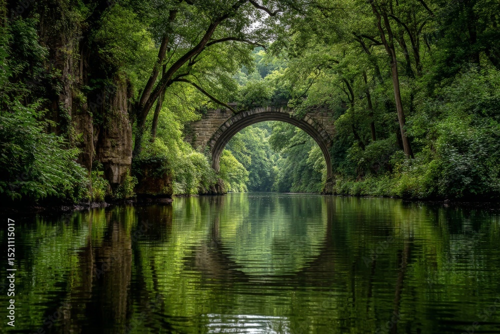 Poster serene view of an ancient stone bridge surrounded by lush greenery on a calm river