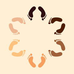 Diversity emblem symbol made of human footprints of different skin colors. Vector illustration