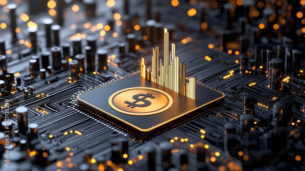 Poster digital currency and market analysis on a computer chip