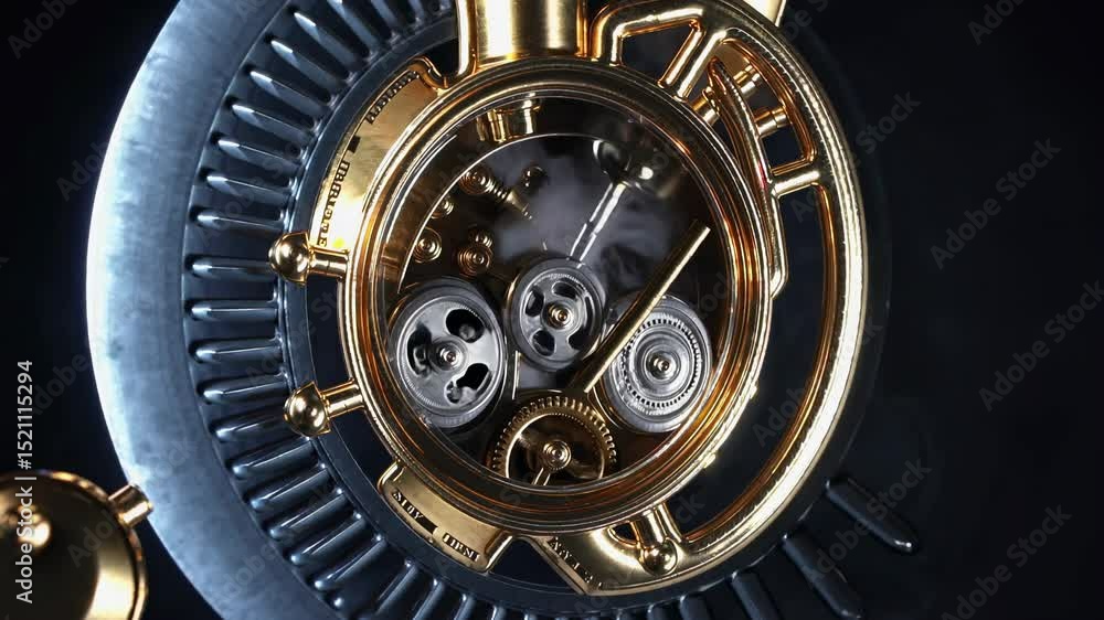 Poster golden gears are rotating smoothly inside a complex mechanism with a futuristic design, showcasing p