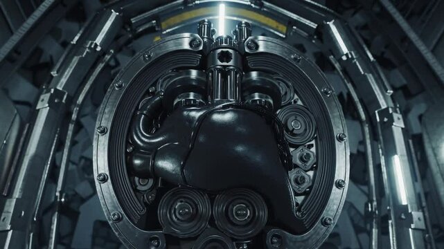 Pulsating mechanical heart nestled within intricate machinery, revealing cutting-edge medical technology and biomechanical innovation of potential cyborg integration