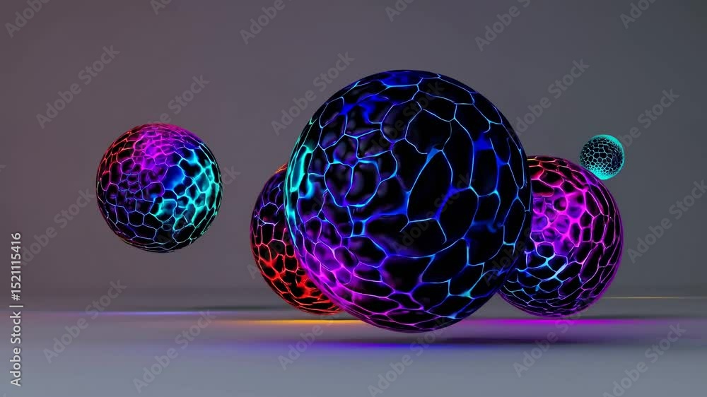Poster pulsating neon-lit spheres with cracked surfaces glowing and moving across monochromatic gray backdr