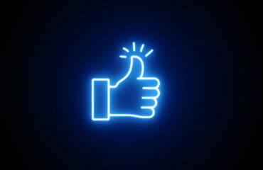 Neon Hand Thumb up like icon on black background. Bright Thumbs up social media like icon design black background. Neon Thumb up icon, Blue Color Like sign, Like symbol isolated on background