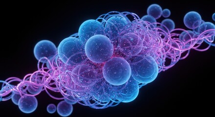 Abstract representation of interconnected glowing spheres and waves, depicting energy and motion in a dark background