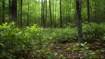 Fototapeta premium Summer forest scene featuring a blueberry plant with ripening green berries