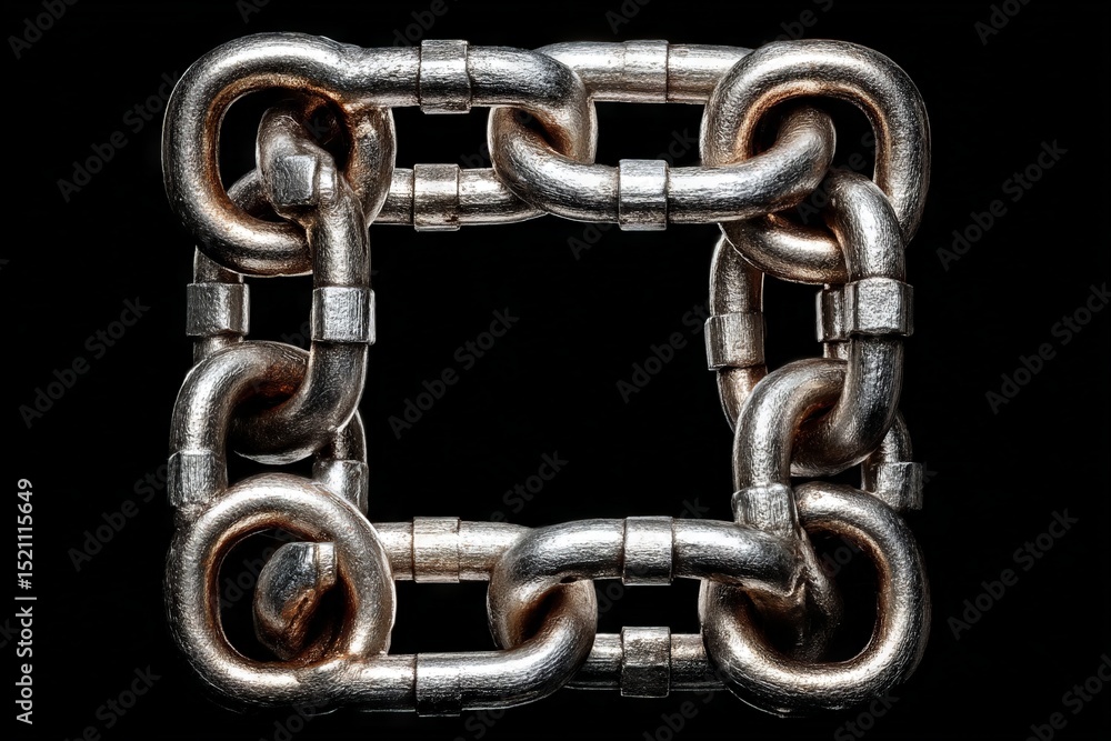 Aufkleber Metallic chain links interconnected in a square shape against a dark background