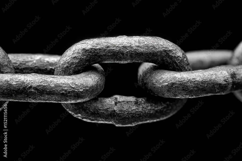 Poster metal chain links close-up showing texture and durability in a contrasting black background at an in