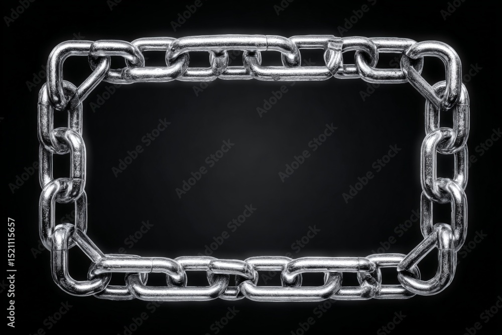Poster Shiny metallic chain arranged in a rectangular shape against a black background, highlighting its intricate links and texture