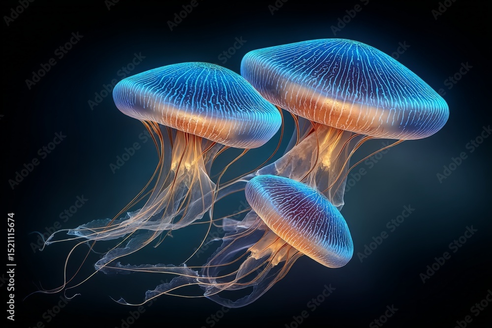 Poster underwater jellyfish illuminated with vibrant colors gliding gracefully in the ocean depths during t