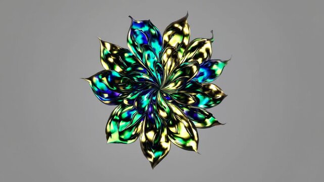 Iridescent bismuth crystal slowly rotates, displaying mesmerizing colors of gold, blue, and green on a neutral gray background, isolated and perfect for graphic design or visual effects