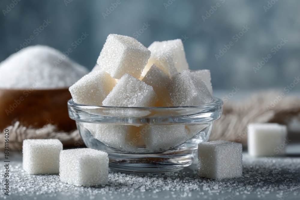Aufkleber sugar cubes and granulated sugar displayed in a glass bowl on a textured surface