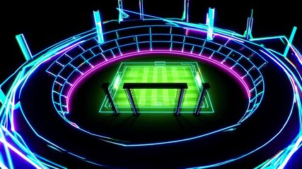 Futuristic neon soccer stadium rotating with glitch effect isolated on a black background, perfect for sports events, video games, and music videos - Powered by Adobe
