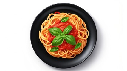 Delicious spaghetti topped with tomato sauce and fresh basil on a black plate.