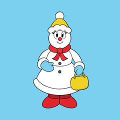 Snowwoman With Yellow Gloves And Red Purse Vector Illustration