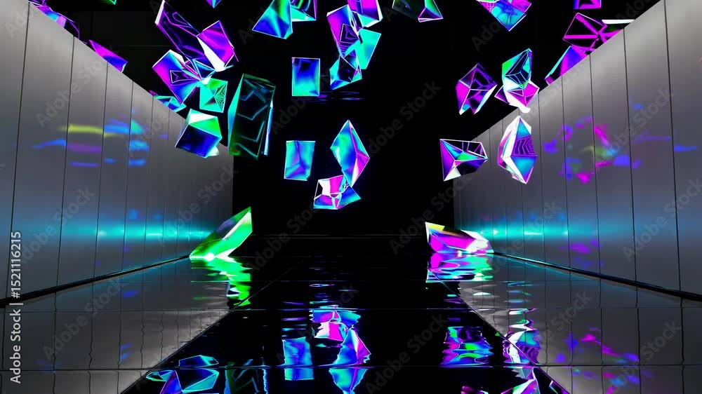 Poster colorful, reflective geometric shapes fall and bounce in a dark corridor with reflective walls and f