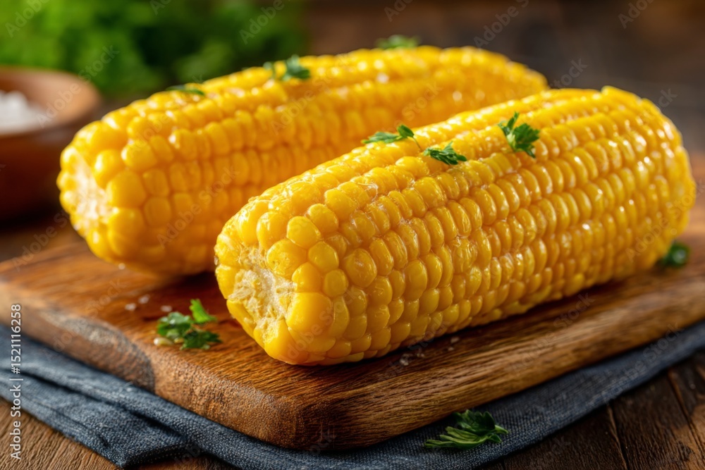 Poster freshly cooked corn on the cob topped with herbs served on a wooden board in a rustic kitchen settin