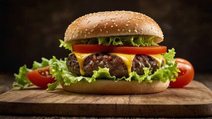 Juicy tasty cheeseburger, close up view, against black background, on wooden surface