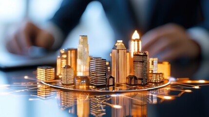 Miniature cityscape model illuminated with golden light and digital network