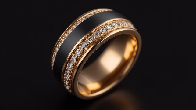 Close-up of a men's band ring with black accents and diamonds.