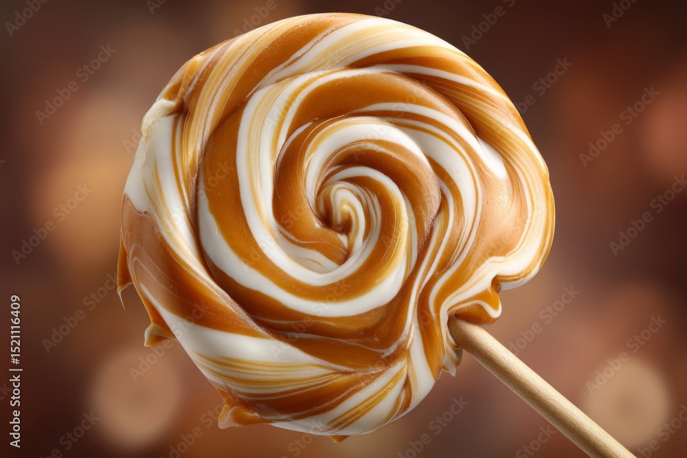 Poster swirled caramel and cream lollipop captured in close-up with blurred background