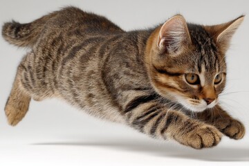 Cat leaps gracefully in mid-air during playful moment in indoor setting