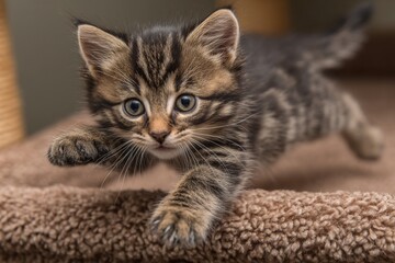 Naklejka premium Curious tabby kitten plays energetically on a soft surface in a cozy indoor setting during the afternoon