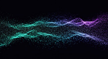 Abstract wave of colorful particles flowing across a dark background, creating a vibrant visual effect