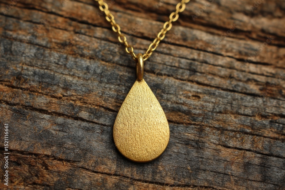 Poster metallic teardrop pendant shines on rustic wooden background with delicate chain design