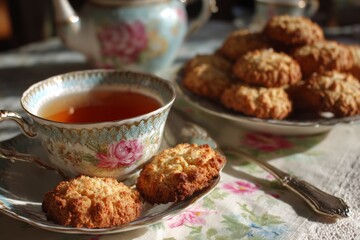 Enjoying tea and cookies on a floral tablecloth in a cozy setting with afternoon sunlight streaming through the window