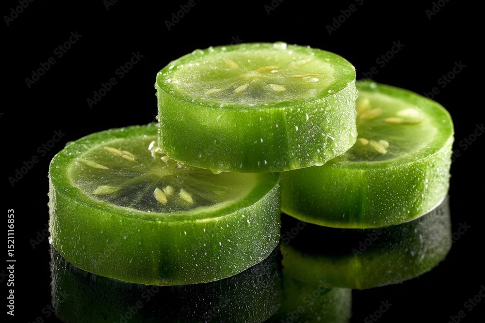 Poster Fresh cucumber slices glistening with water droplets on a reflective surface in a dark setting