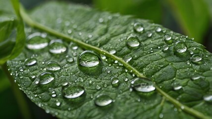 Macro close up photo of fresh water droplets on green leaf