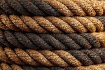 Fototapeta premium Natural fiber ropes with textured strands coiled together in various shades of brown stacked neatly against a neutral background