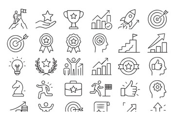 Success icons set, goal achievement, growth, progress, trophy, award, business strategy, target, teamwork, icons set