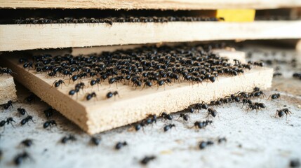 Close-up view of numerous ants swarming over a wooden surface in a rustic setting