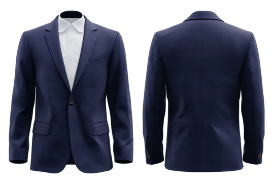 Navy blue blazer, front and back views,  formal wear