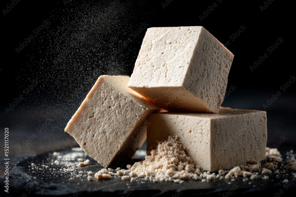 Poster tofu blocks stacked on a dark slate surface with crushed soybeans sprinkled around