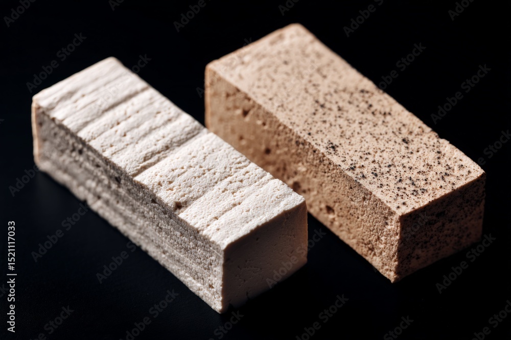 Poster Two distinct types of nougat with contrasting colors and textures lie on a dark surface