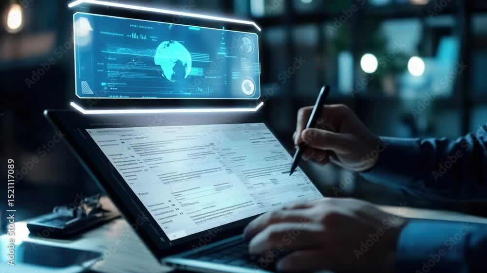 Poster a person sitting at a desk using a laptop with a pen, possibly taking notes or writing