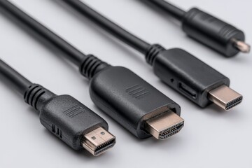 Collection of various black cables for electronic devices set on a neutral background