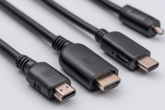 Collection of various black cables for electronic devices set on a neutral background