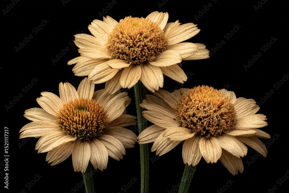 Poster three delicate dried flowers showcasing intricate textures against a dark background during a still 