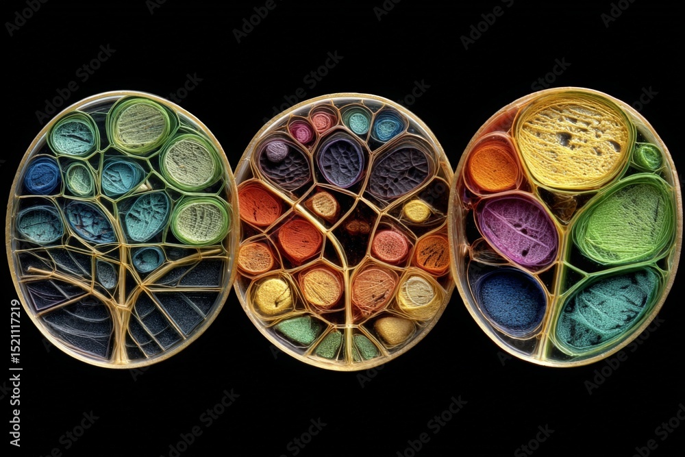 Poster creative arrangement of colorful threads in circular patterns resembling nature's beauty and biodive